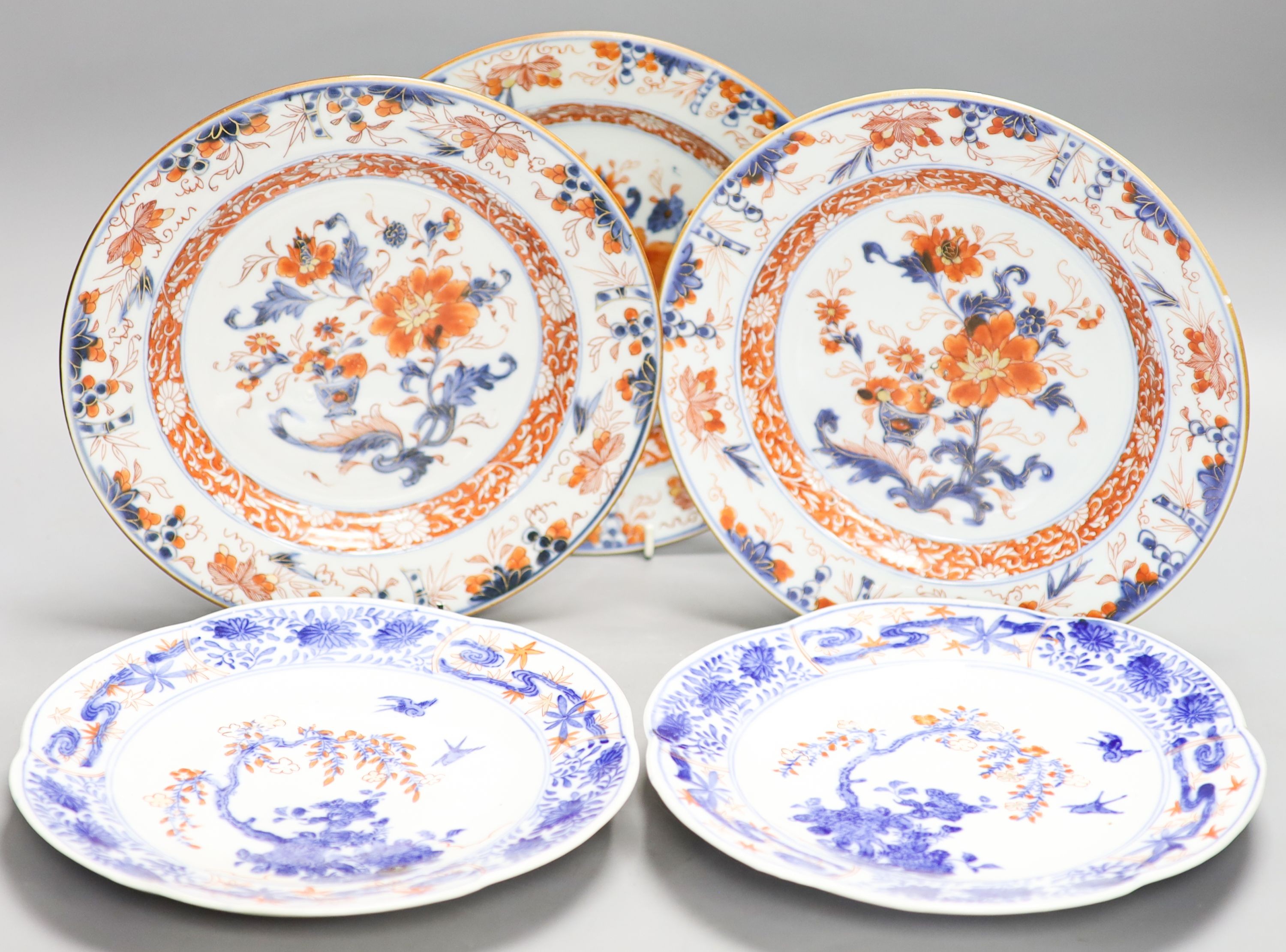 Three 18th century Chinese Imari plates and two 19th century Japanese Imari plates